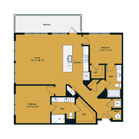 Floor plan for 2 beds, 2 baths, 1297 sqft